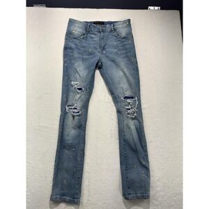 M Society Jeans Mens 34x32 Blue Denim Light Wash Skinny Stretch Distressed Paint